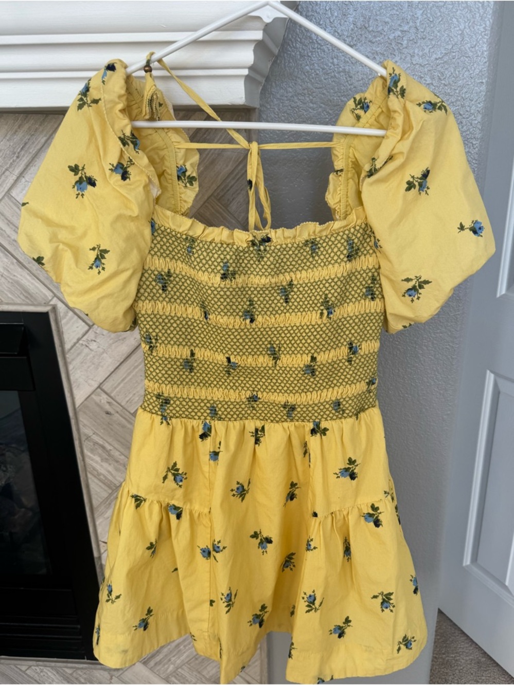 Anthropologie Yellow Smocked Puff-Sleeve Mini Dress with Blue Floral Print - Picture 3 of 4